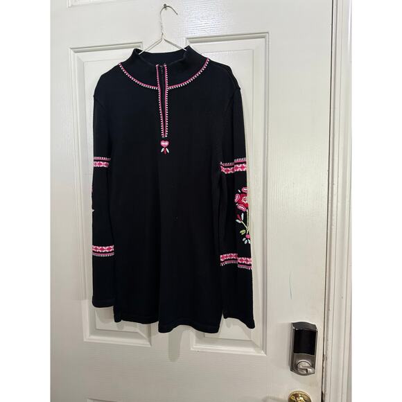 Hanna Andersson Black Floral Embroidered Quarter-Zip Tunic Sweater Size Medium - Picture 2 of 10